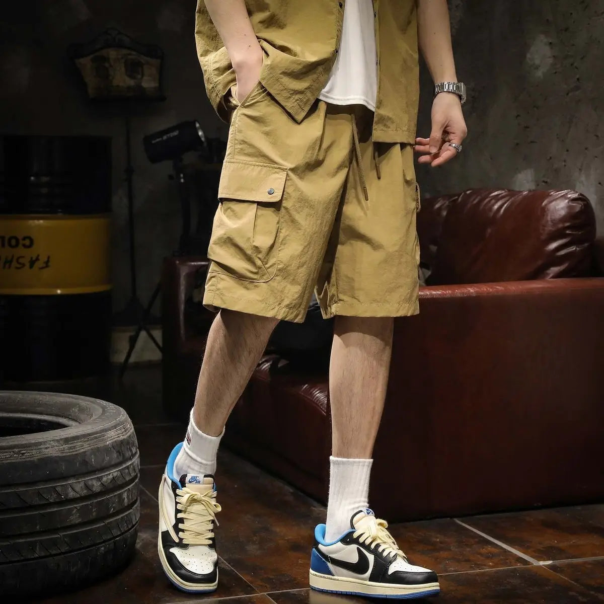 Trendy Cargo Summer Clothes Set Men Short Sleeve Shirt with Pockets And Shorts Solid Casual Safari Outdoor Outfits