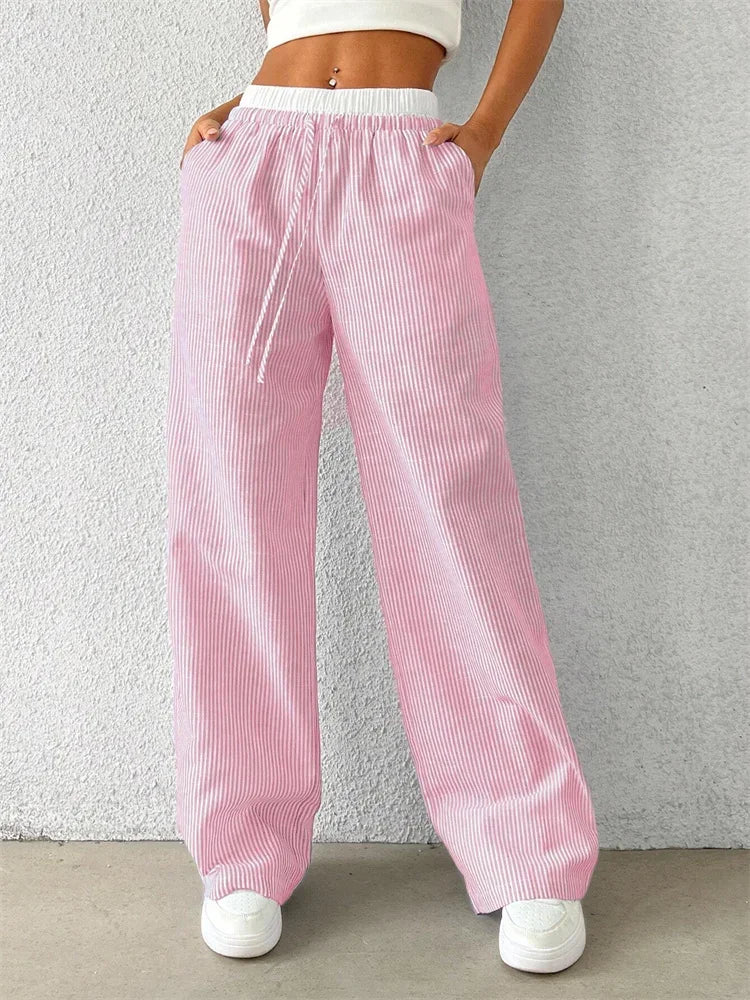 Casual Striped Woven Wide Leg Pants for Women Autumn Winter Casual Stylish Full Length Trousers Y2K Clothes Streetwear