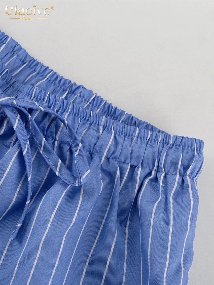 Clacive Summer Loose Blue Stripe 2 Piece Set Woman Outfit 2025 Fashion Sleeveless Tank Top With High Waist Wide Pants Set Female