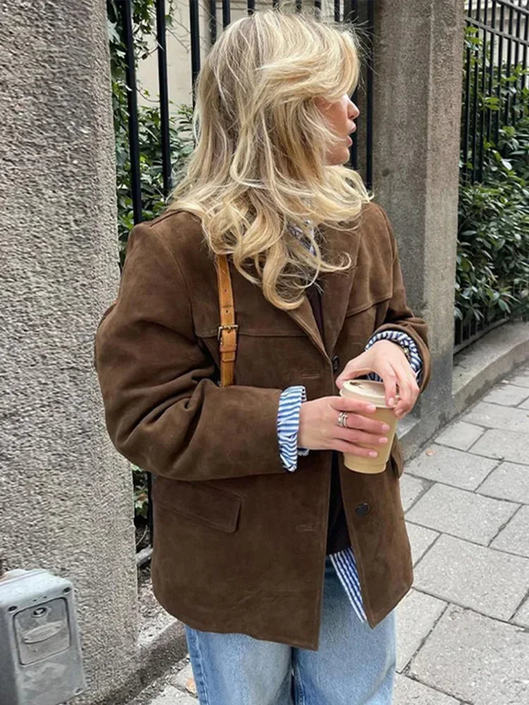 Boyfriend Brown Coat For Women Spring Turndown Collar Long Sleeve Female Jacket 2025 Fashion Loose Single-breasted Lady Coats