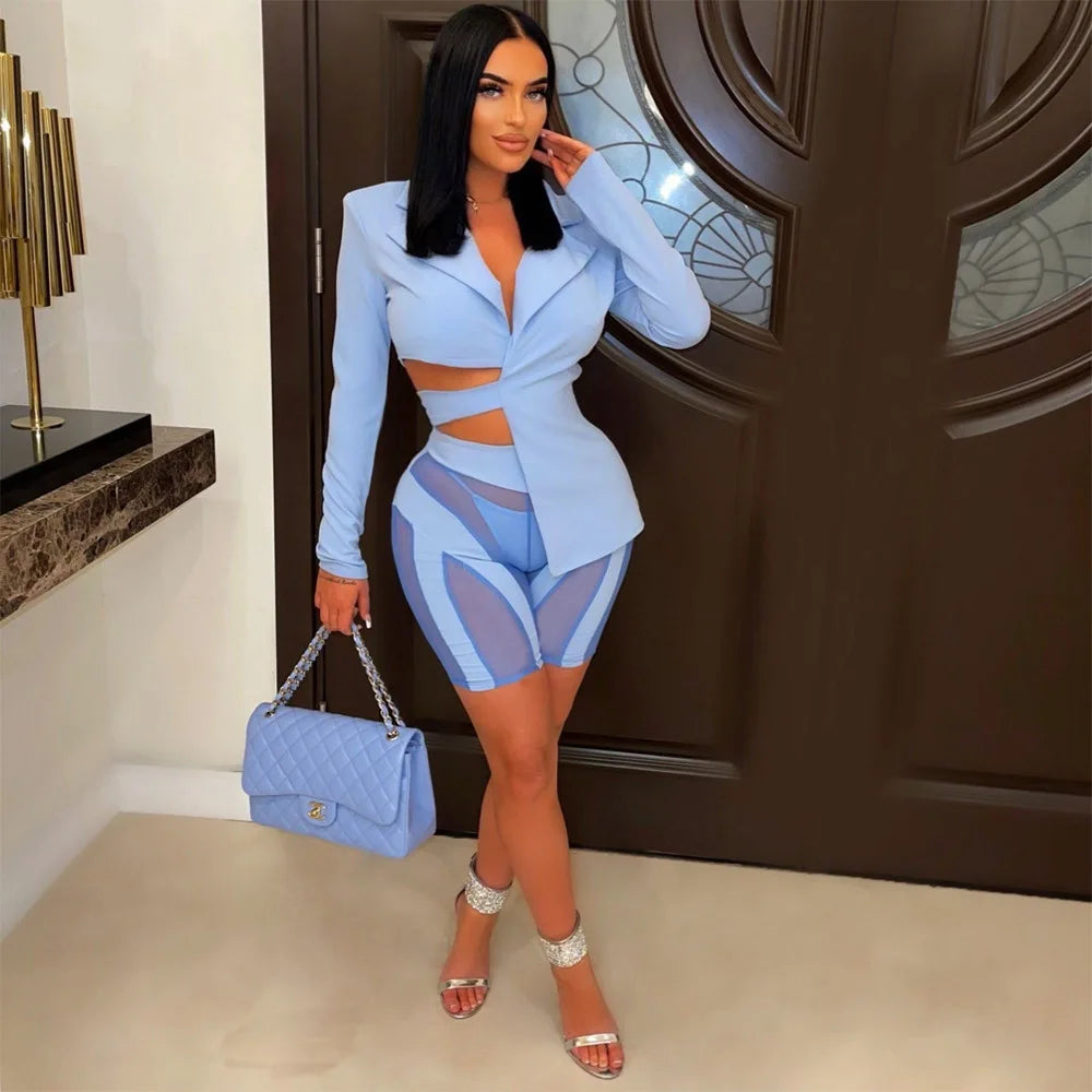 ANJAMANOR Two Piece Club Outfits Women Sexy Asymmetric Blazer and Mesh Shorts Leggings Matching Sets Fall 2023 D58-ED25