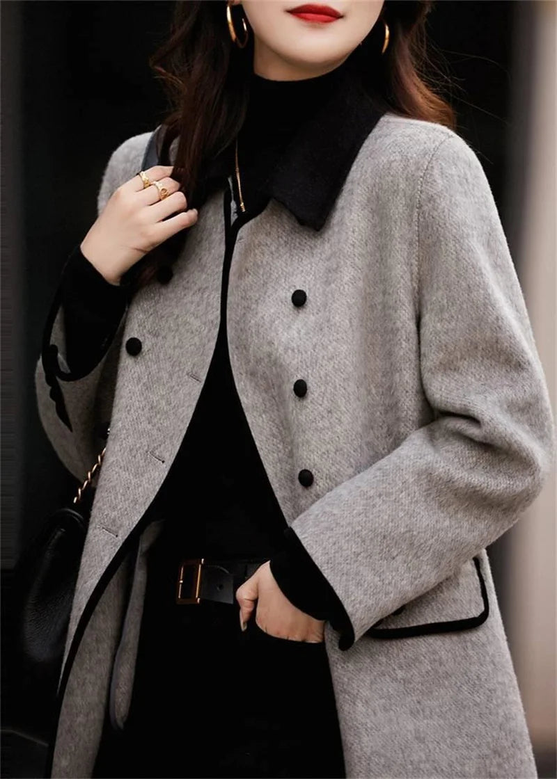 New High Quality Woolen Coat Female Autumn Winter Fashion Korean Slim Casual Versatile Style Contrast Color Wool Overcoat Women
