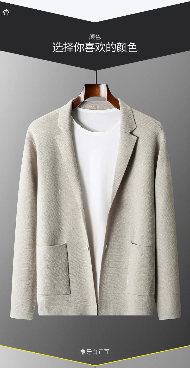 100% Pure Wool Cardigan Men's Spring And Autumn High-End Outerwear Sweater Casual Small Suit Jacket Olive Collar Sweater