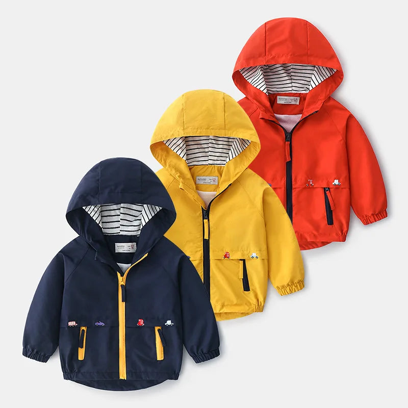 1 2 3 4 5 6 Years Spring Autumn Boys Coats Patchwork Cartoon Car Pattern Hooded Windbreaker Leisure Overcoat For Kids