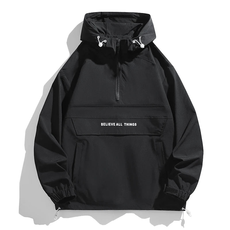 New Men Spring Autumn Waterproof Casual Versatile Top Japanese Korean Streetwear Fashion Loose Pullover Half Zip Hooded Jacket