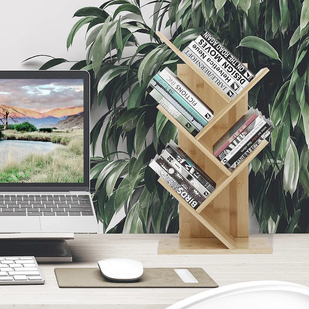 【Breeins】Rustic Standing Tree Bookshelf Wood Display Rack For Home Office Decoration Storage Organizer Shelf Bookcase