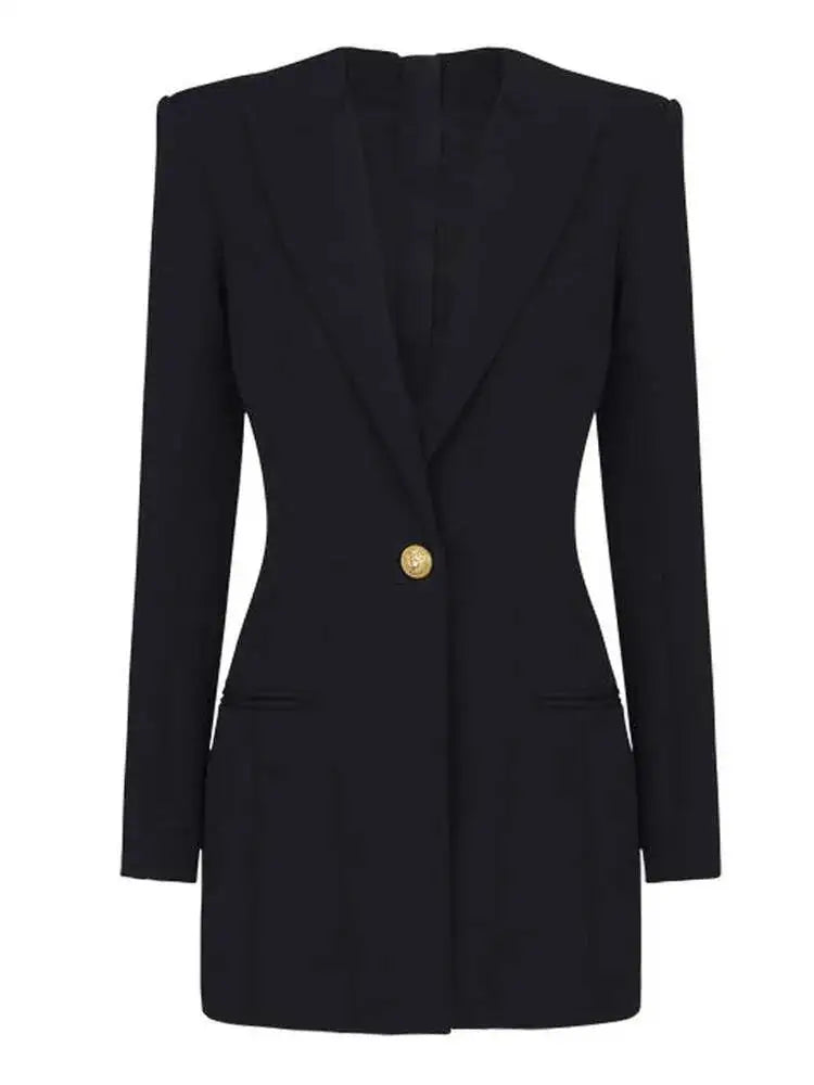 LGRQ 2026 Spring Fashion Women Clothes Notched Collar Full Sleeves Metal Single Button Slim High Waist Blazer Office Lady