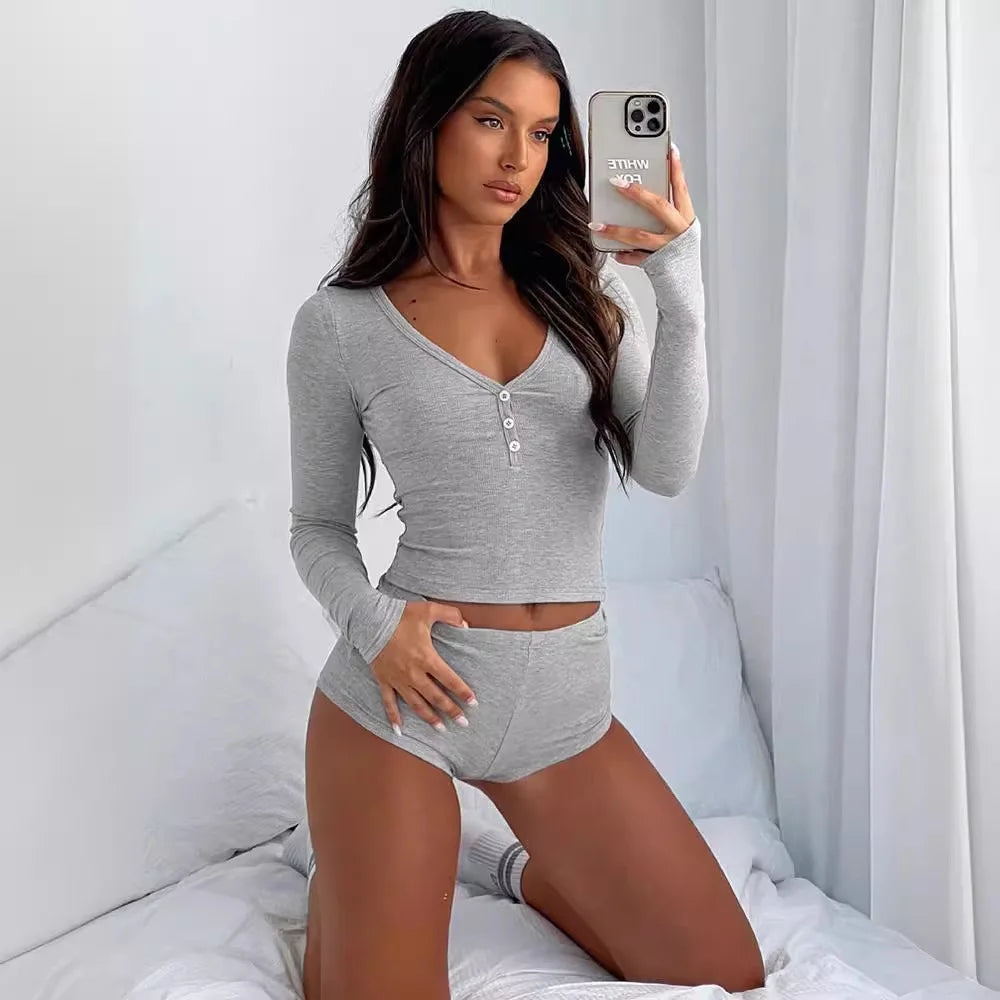 2025 Women 2 Piece Pajamas Shorts Set Long Sleeve V Neck Button Down Cropped Tops Sexy Bodycon Shorts Loungewear Clothes Females