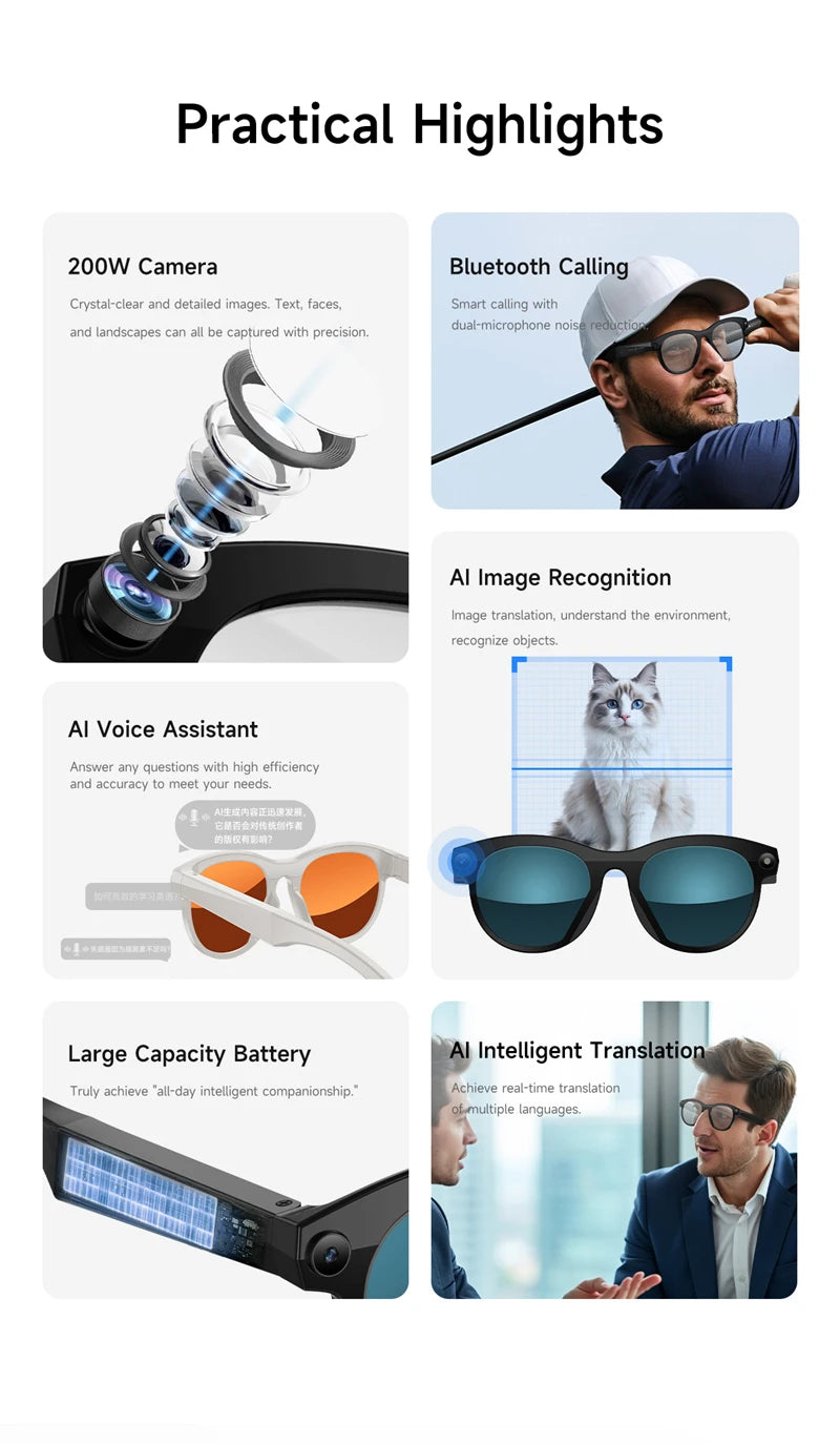 For Men Women Ai Smart Glasses 8MP 4k HD Camera Glasses AI Wake-up Bluetooth Music Audio Sunglass Language Translation