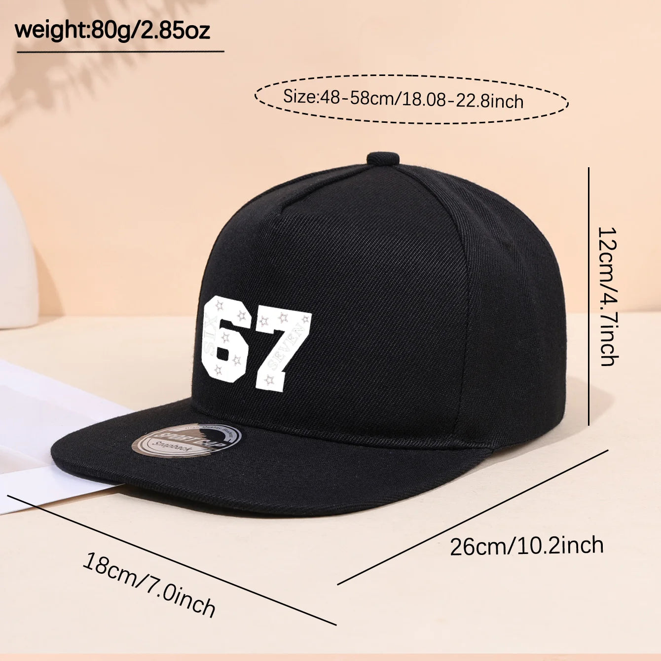 1PC breathable flat brimmed hat! 67 star trendy logo+adjustable head circumference, no sweat during daily travel