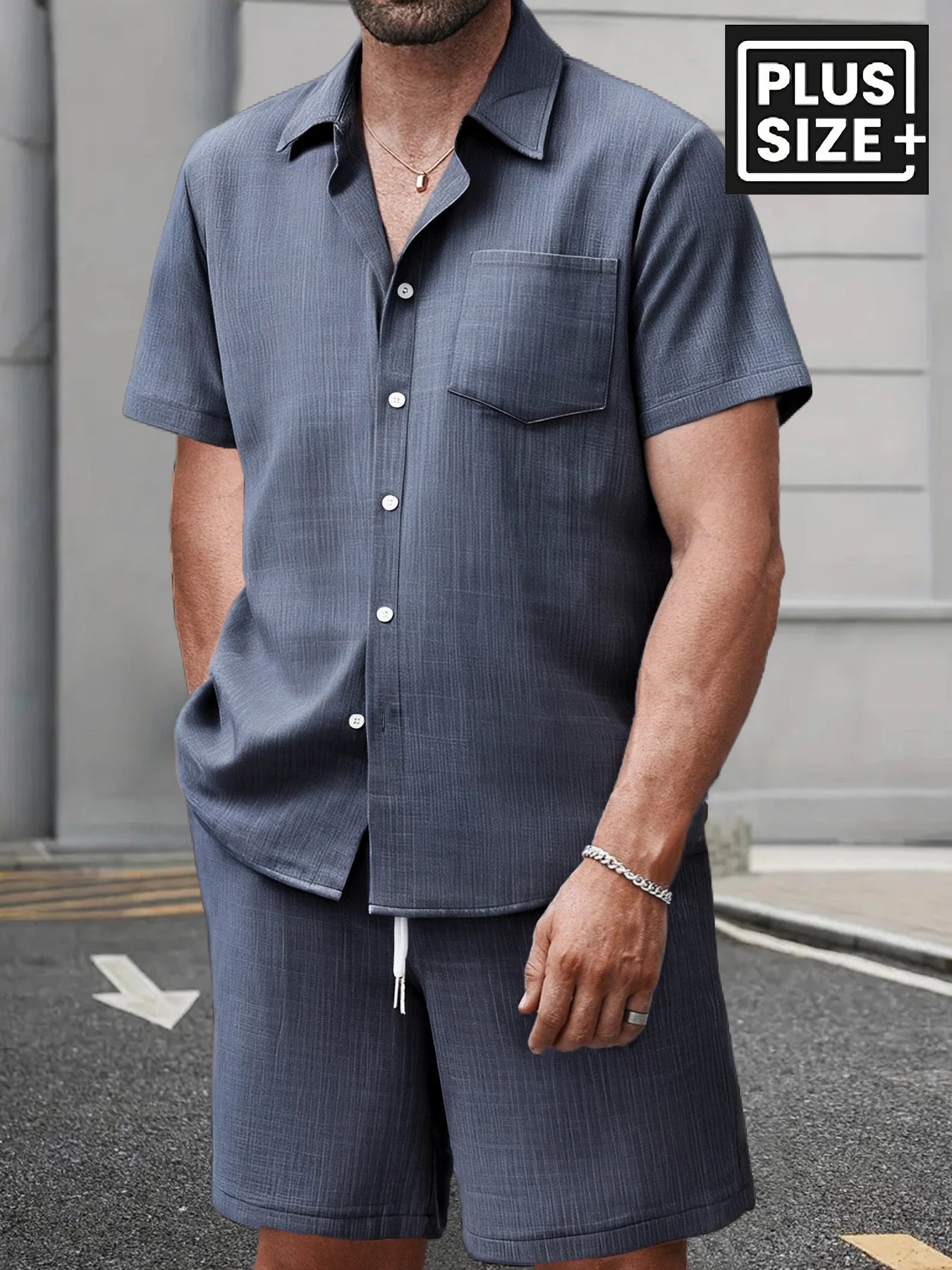 Plus Size Men's Minimal Textured Set, Single Pocket Linen Shirt & Matching Shorts for Casual Commute
