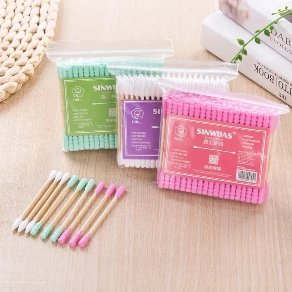 100-300Pcs Pink Double Head Cotton Swab Sticks Cotton Buds Tip for Medical Nose Ears Cleaning Accessories Female Make Up Remover