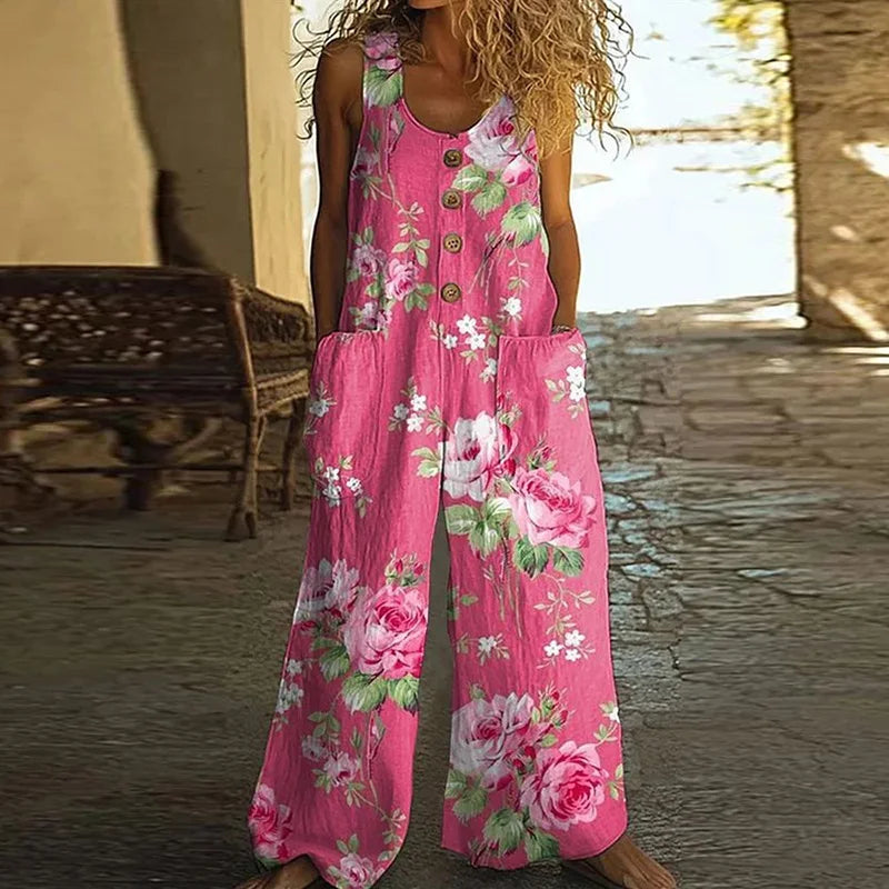 Ethnic Retro Floral Print Wide Leg Jumpsuits Woman Elegant U Neck Button Pocket Rompers Playsuit Summer Sleeveless Strap Overall