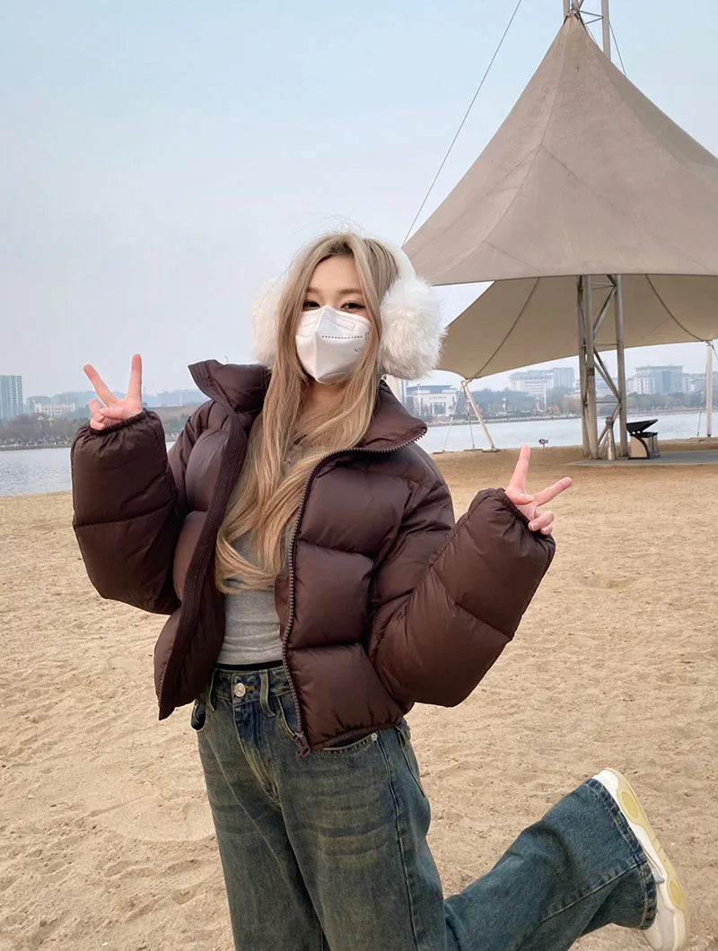Casual Cropped Parkas for Women Winter New Loose Stand Collar Thick Warm Quilted Jacket Versatile Zipper Long Sleeve Bread Coat