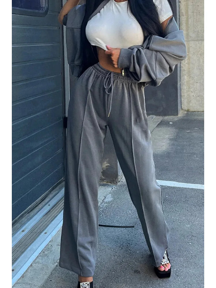 Gray Straight Pants Two Pieces Sets Women Outfit Long Sweatpants Street Wear Zipper Jacket Track Suits Sweatshirt Sets For Women