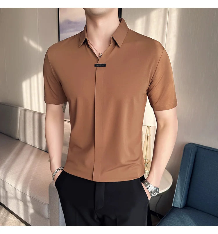 Luxury Purple Polo Shirts For Men High Quality Summer Short Sleeve Men's Polos Ice Silk Elastic Slim Fit Turn Down Collar Tees