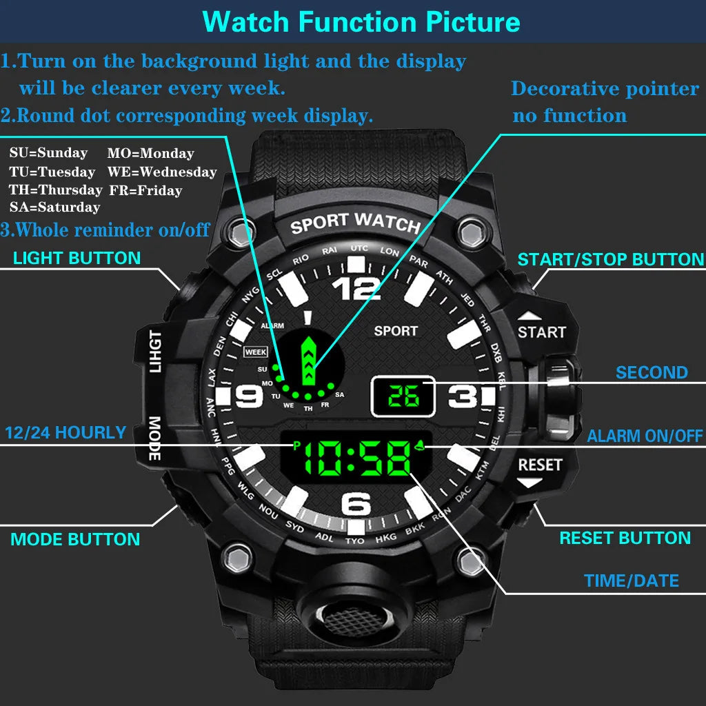 Men's Watch Fashion Sports Electronic Wristwatch Large dial Multifunctional Waterproof Luminous Alarm Kids Male's Military Watch