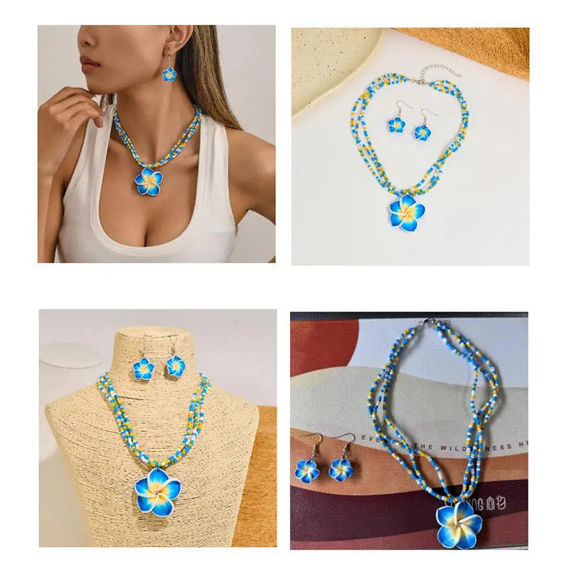 Egg Flower Earrings Necklaces Set Pendant Bohemia Flower Necklaces Earrings Drop Earrings Choker Vacation Style Jewelry Girl