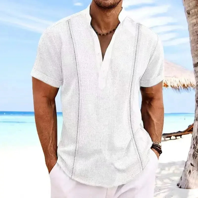 Men's Fashion Beach Holiday Shirts Summer Short Sleeve Cotton Linen T-shirt Comfort Breathable Casual Simple Lapel Tops for Men