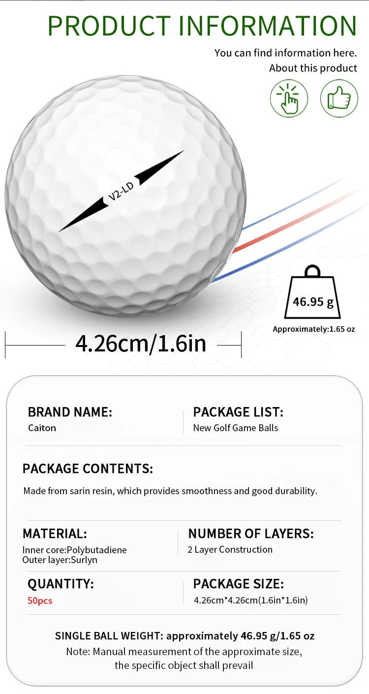Caiton 50pcs 2-Layer Tournament Golf Balls, Soft Feel, Max Distance, Spin Control, Durable, Precision, Ideal for Training & Play