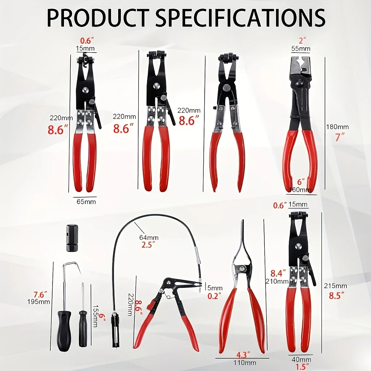 9pcs Hose Clamp Pliers, with Flexible Wire Long Reach Hose  Swivel Jaw and Flat Band Pliers，Hose Clamp Tool