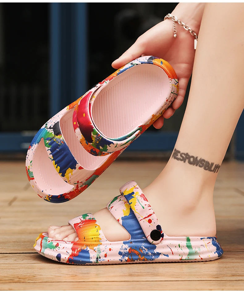 2024 New Thick-soled EVA Cave Shoes Women's Summer Wear Non-slip Beach Soft-soled Semi-Slippers Fashion Printed Sandals