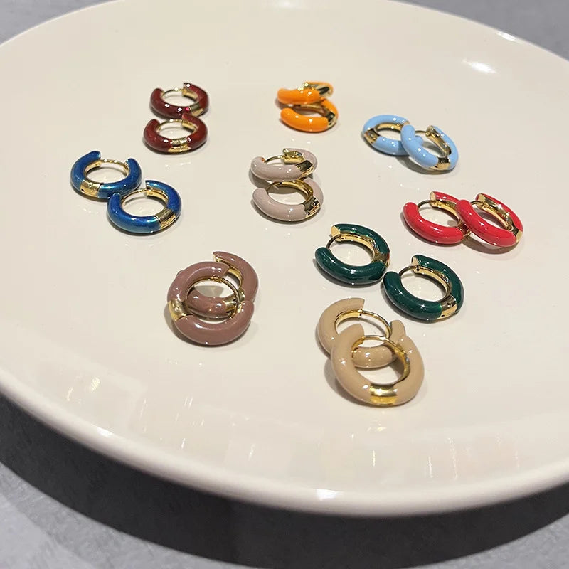 Modern Jewelry Round Colorful Enamel Green Blue Pink Red Buckle Earrings For Women Girl Gift Elegant Temperament Accessories