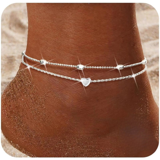 Bobisty Ankle Bracelets for Women Silver Buckle Waterproof Dainty Anklets Adjustable Layered Heart  Anklets Summer Jewelry Gift