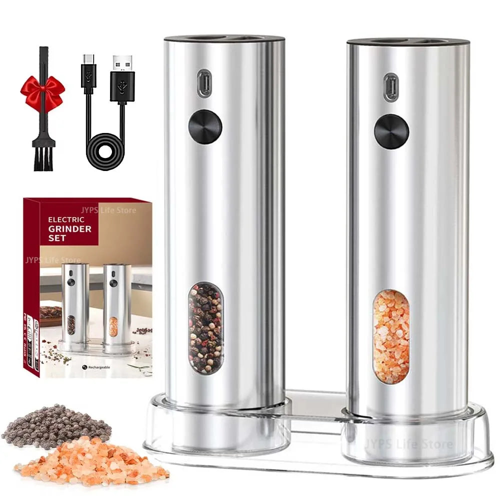 Rechargeable Electric Salt and Pepper Grinder Set Stainless Steel Pepper Mills Adjustable Coarseness Power Grinder Kitchen Tools