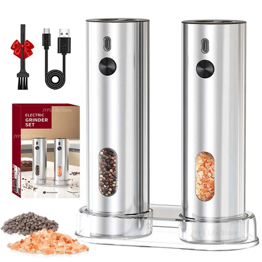 Rechargeable Electric Salt and Pepper Grinder Set Stainless Steel Pepper Mills Adjustable Coarseness Power Grinder Kitchen Tools