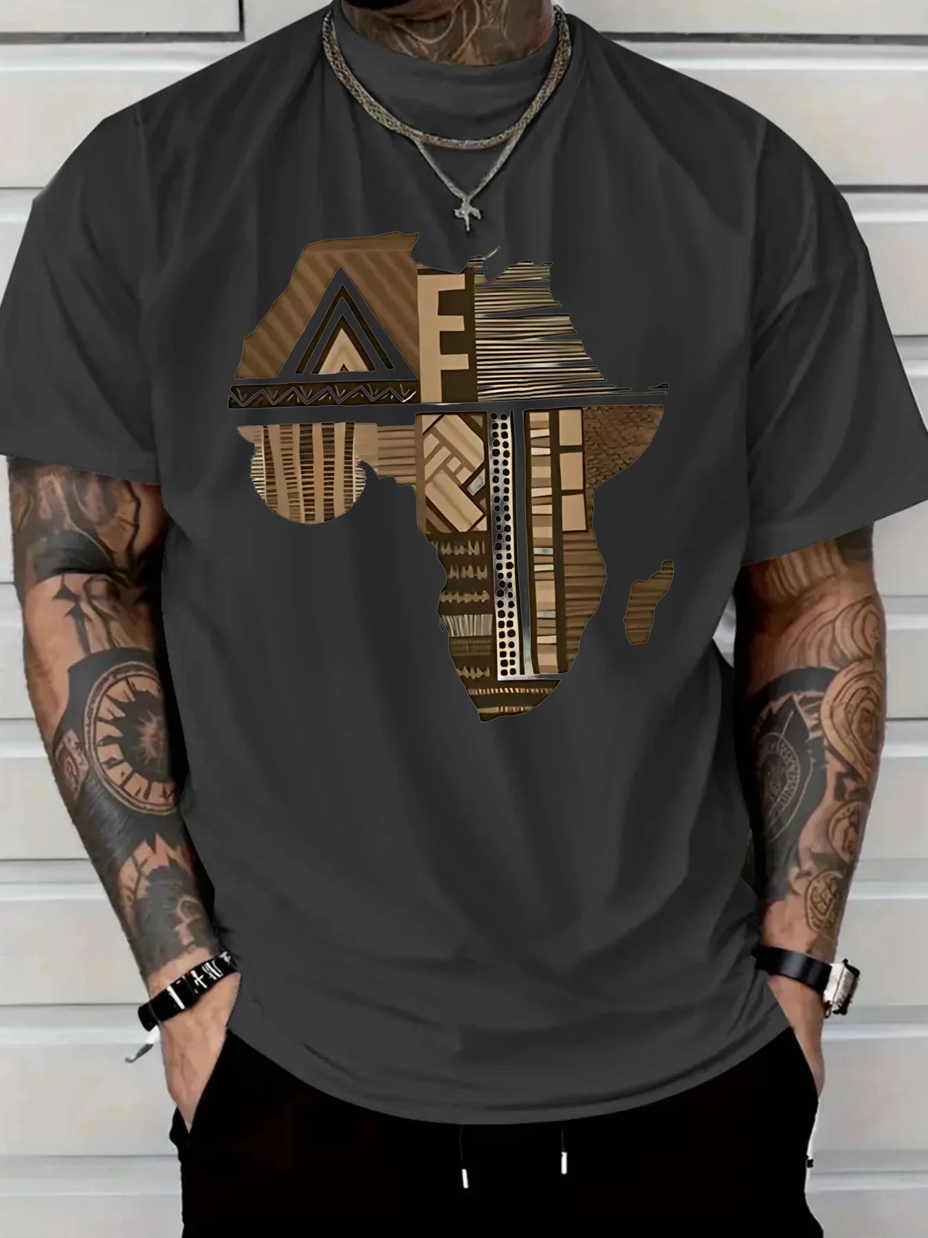 Men'S Plus Size White T-Shirt with Africa-Inspired Golden Print -  Comfort Fit Lightweight Breathable