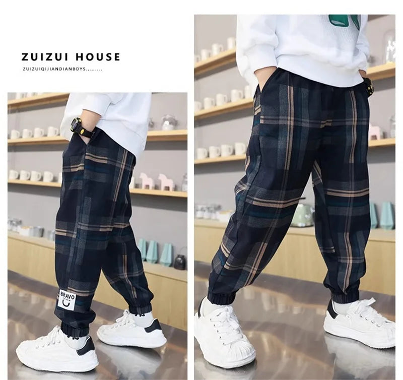 Boys Thick Plaid Pants Spring Autumn Girls Plus Velvet Warm Drawstring Kids Trend Trousers Fashion Teen Sport Casual Pants 4-12Y