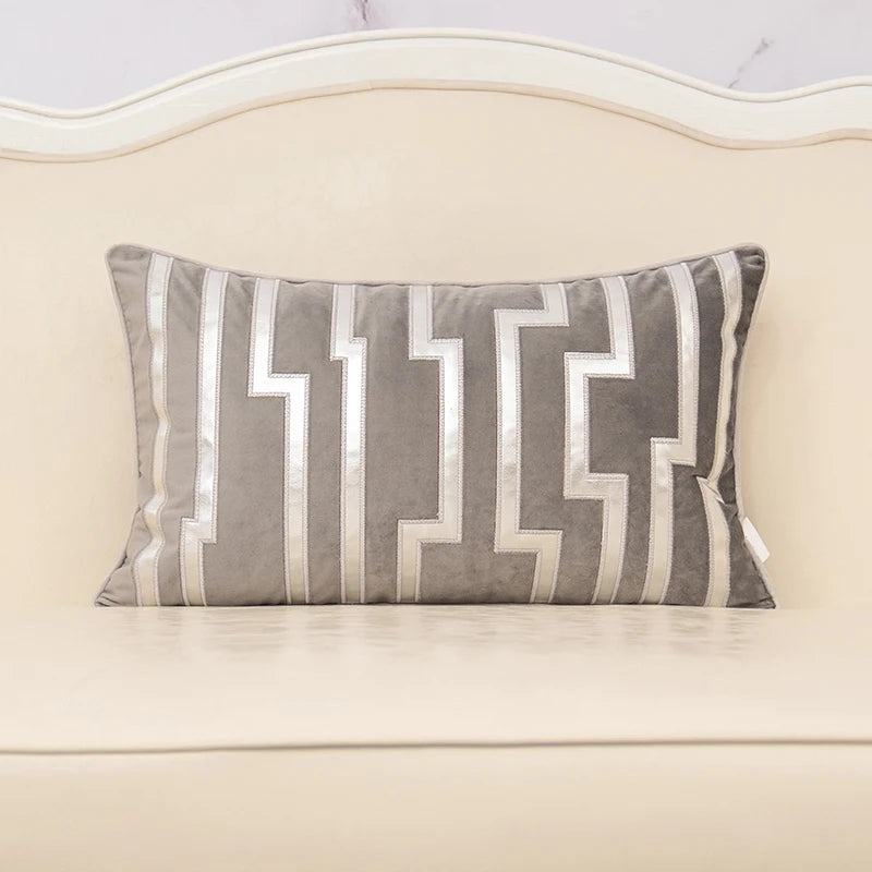 Aeckself Luxury Geometric Plaid Gold Grey Leather Embroidery Velvet Cushion Cover Home Decor Throw Pillow Case White Grey Black