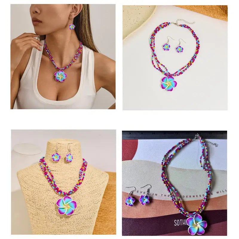 Egg Flower Earrings Necklaces Set Pendant Bohemia Flower Necklaces Earrings Drop Earrings Choker Vacation Style Jewelry Girl