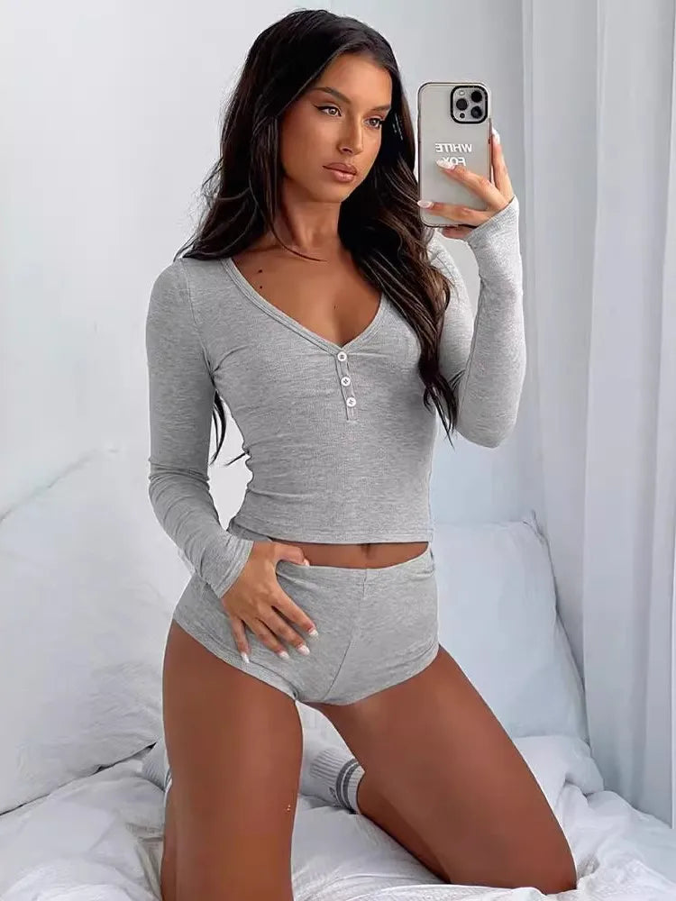 2025 Women 2 Piece Pajamas Shorts Set Long Sleeve V Neck Button Down Cropped Tops Sexy Bodycon Shorts Loungewear Clothes Females