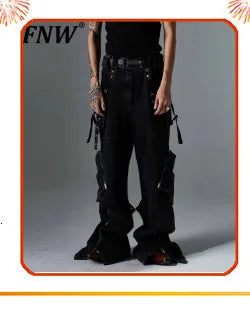 PFNW New Spring Men's Jeans Loose Wide Leg Coating Glossy Patent Leather Straight Male Denim Pants Niche Style 2025 12C509