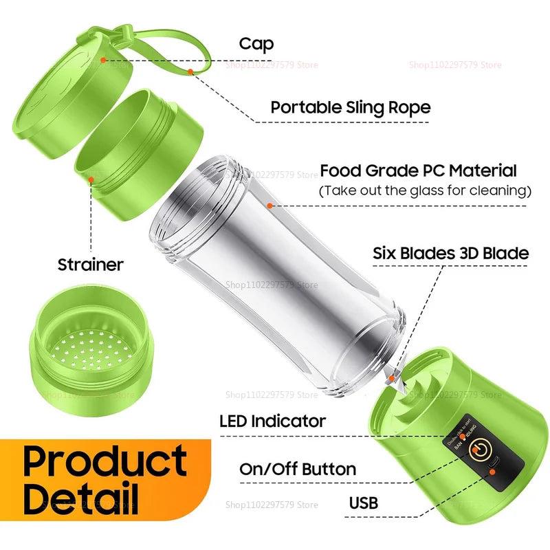 380ml Portable Electric Juicer Smoothie Blender USB Rechargeable Food Processor Mini Fruit Mixer for Travel Kitchen Workout
