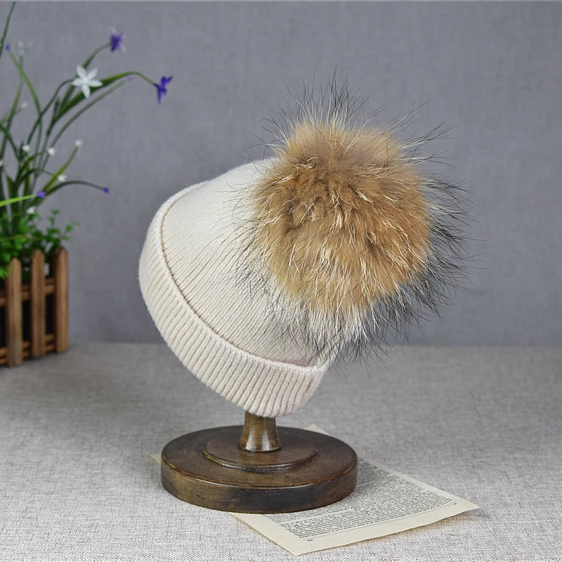 Hot selling autumn and winter parent-child woolen hats raccoon fur balls warm sleeves knitted hats trendy
