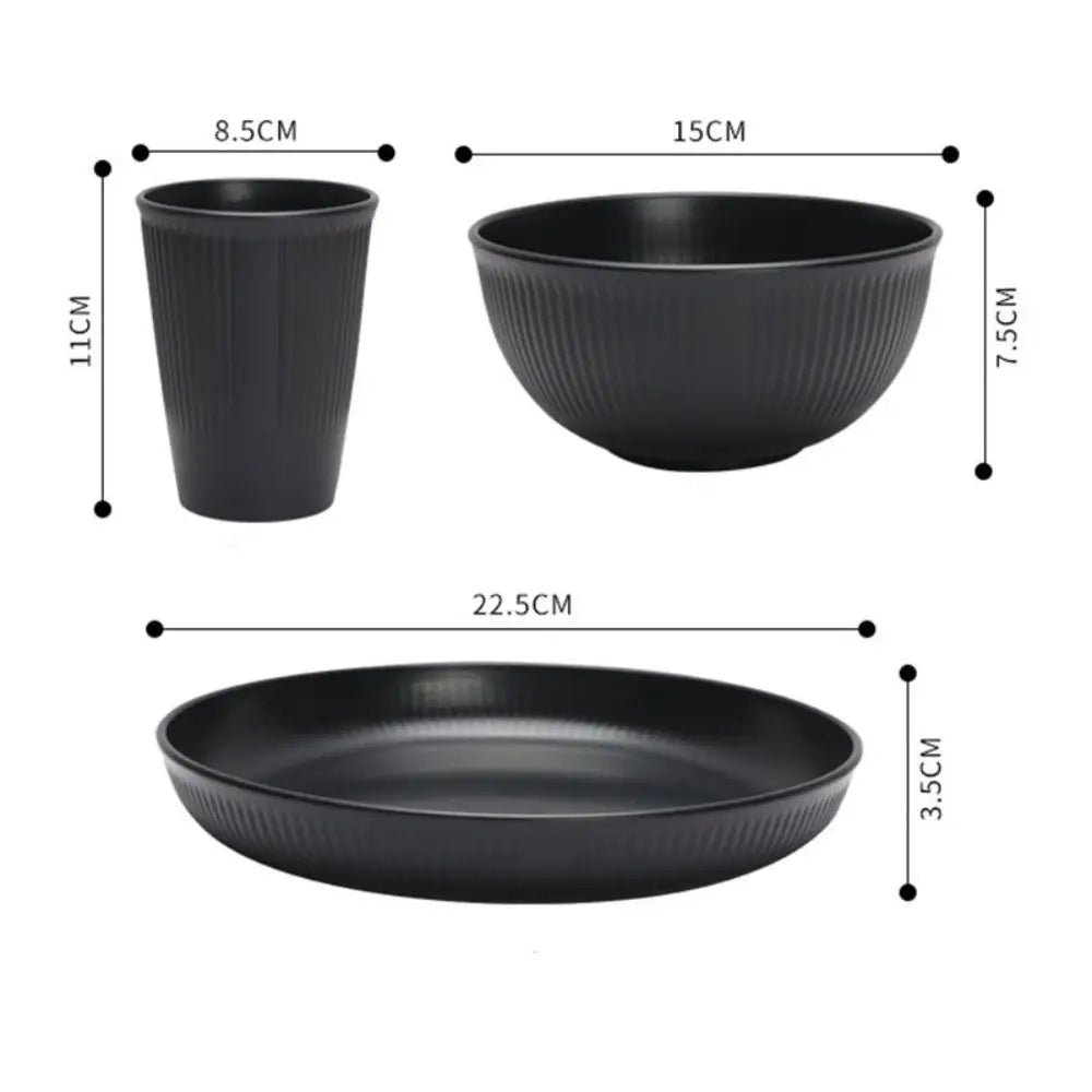 3pcs/set Eco-friendly Plastic Black Tableware Set Vertical Stripes Anti-fall Cutlery Set Plate/Bowl/Cup Party