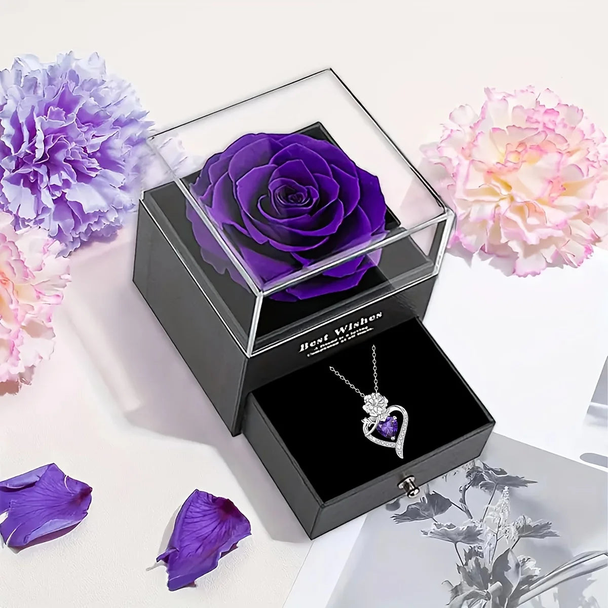 Purple Pendant Necklace, Purple Eternal Rose Gift Box, Suitable for Romantic Valentine'S Day Gift,Mother's Day,Christmas