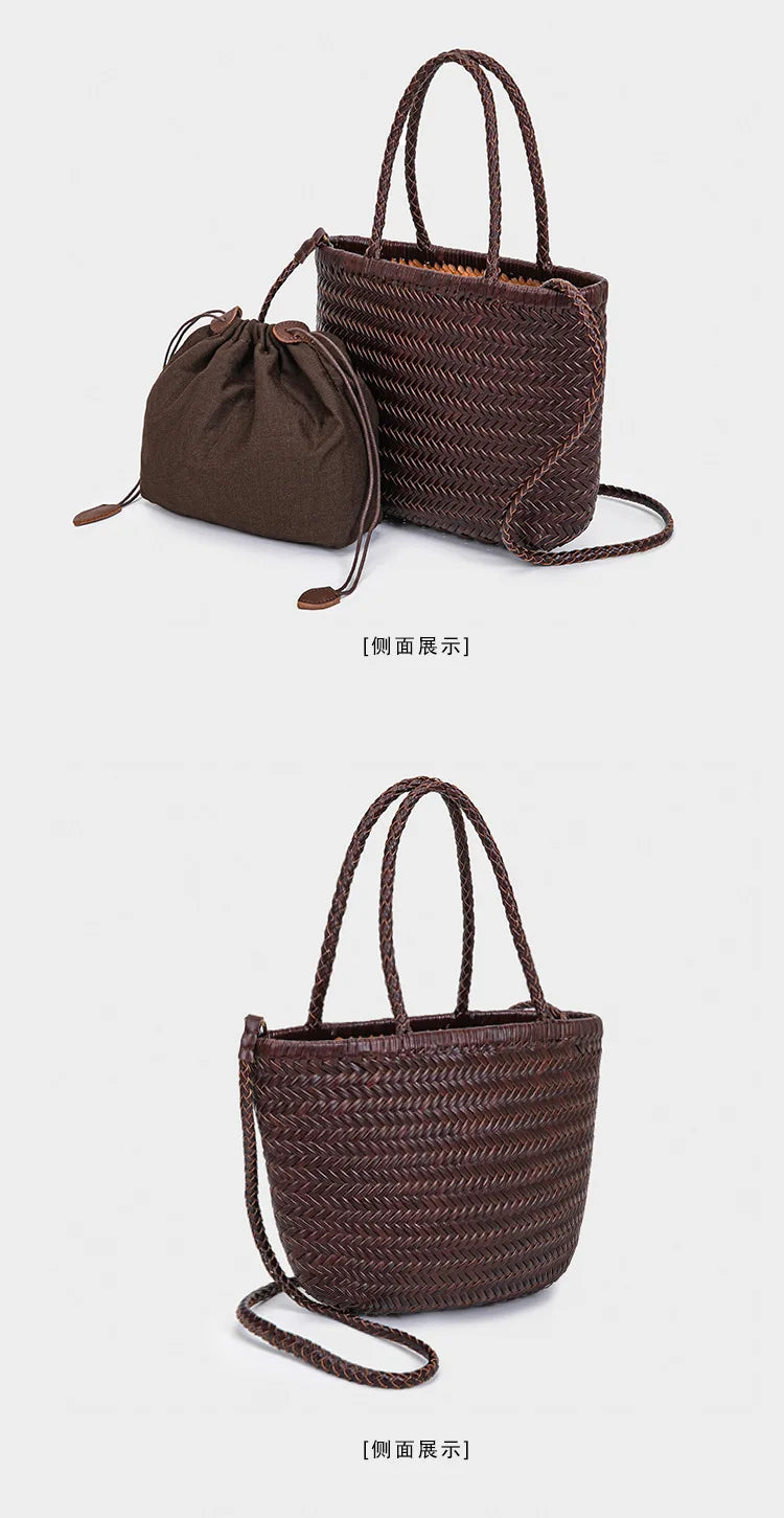 2026 spring new braid bag French basket bag Vintage Boho Gypsy Aztec Ibiza Genuine Leather Messenger Bag  female ins style