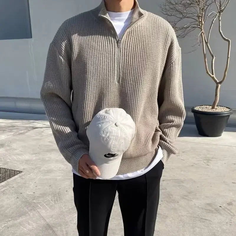 American Fashion Brand Design Korean Style Stand Collar Half Zipper Sweater Men's Temperament Versatile Knitted Sweater
