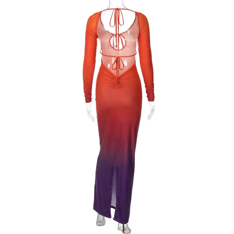 Sexy Front Chest Hollow Out Gradient Slim Bodycon Maxi Dress Women Cross Strap Backless Skinny Evening Dress Club Party Vestidos