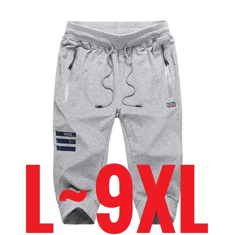 Long Three Quarter Men's Shorts Cotton Elastic Summer Bermuda Male 3/4 Calf Big Size Plus Large 6XL 7XL 8XL 9XL Cuff Below Knee