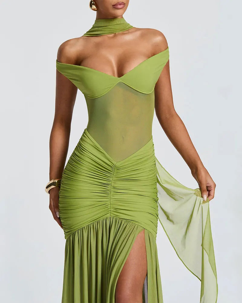 GACVGA Mesh Patchwork Sexy Bodycon Maxi Dress Women Draped Gown Summer Halter Backless Ruched High Split Club Party Long Dress