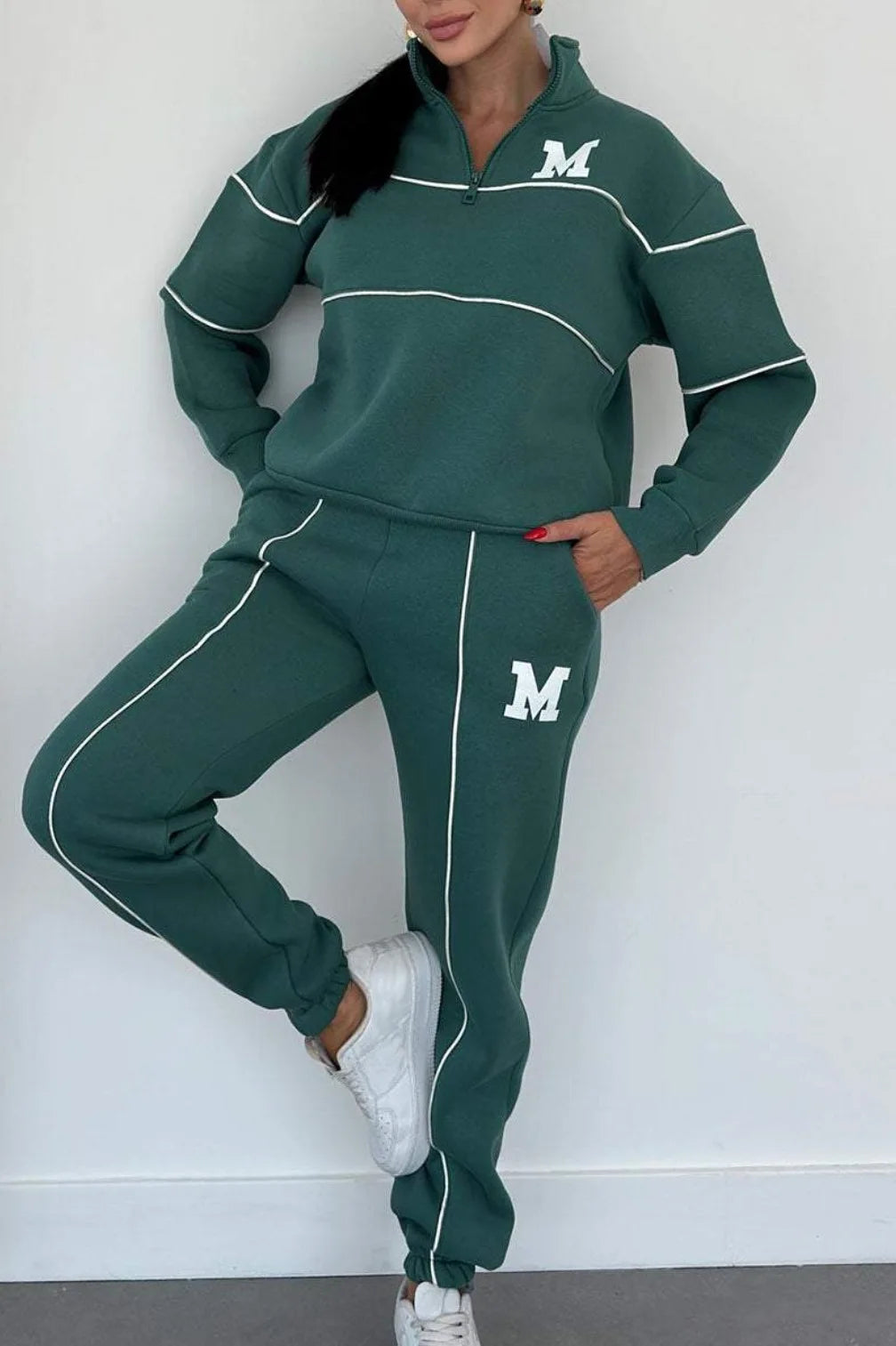 Autumn Winter Women's Fashion Letter Print Sweatshirt Set Casual Zipper Half Open Collar Long-sleeve + Sweatpants Two-piece Set