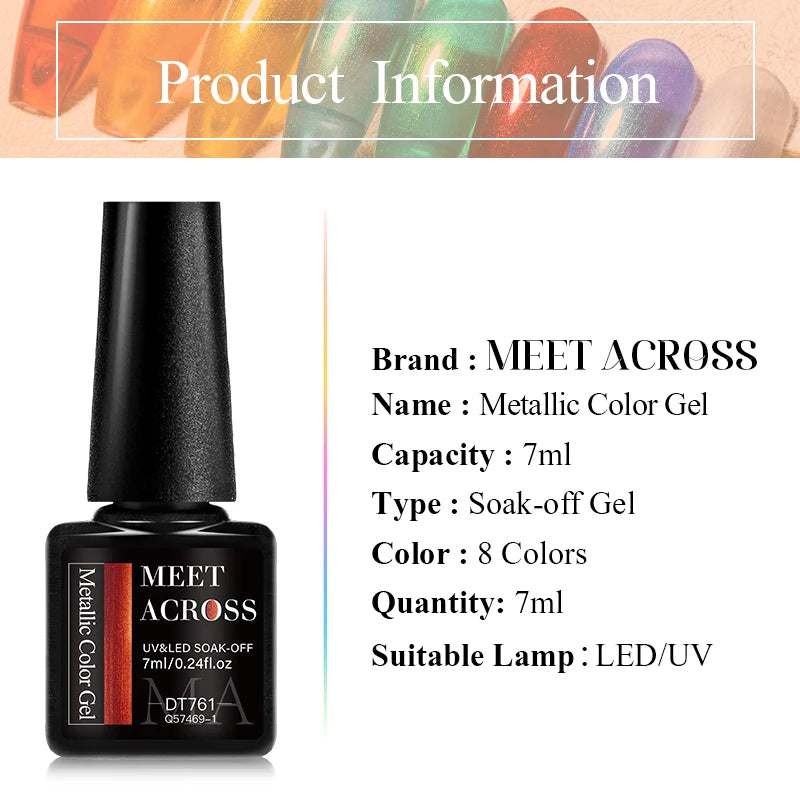 MEET ACROSS 8pc Metallic Series Gel Nail Polish Set Red Gold Mirror Effect Soak Off UV LED Gel Kit for Nail Art Manicure Varnish