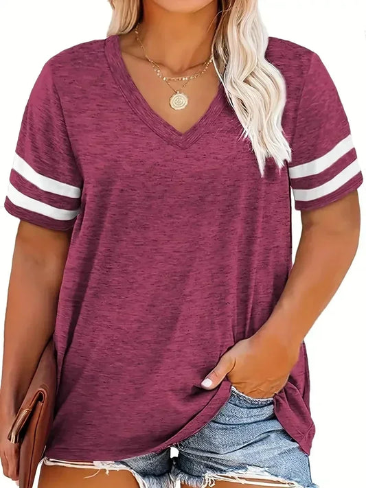 Women Fashion Plus Size V-neck Summer Color Blocked  T-shirt Summer Loose Top Short Sleeved Casual T-shirt 1XL-8XL
