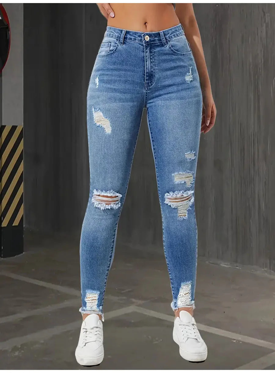 Fashion Skinny Hole Jeans Women 2025 Autumn Stretchy High Waisted Ripped Slim Retro Solid Color Denim Trousers Pants