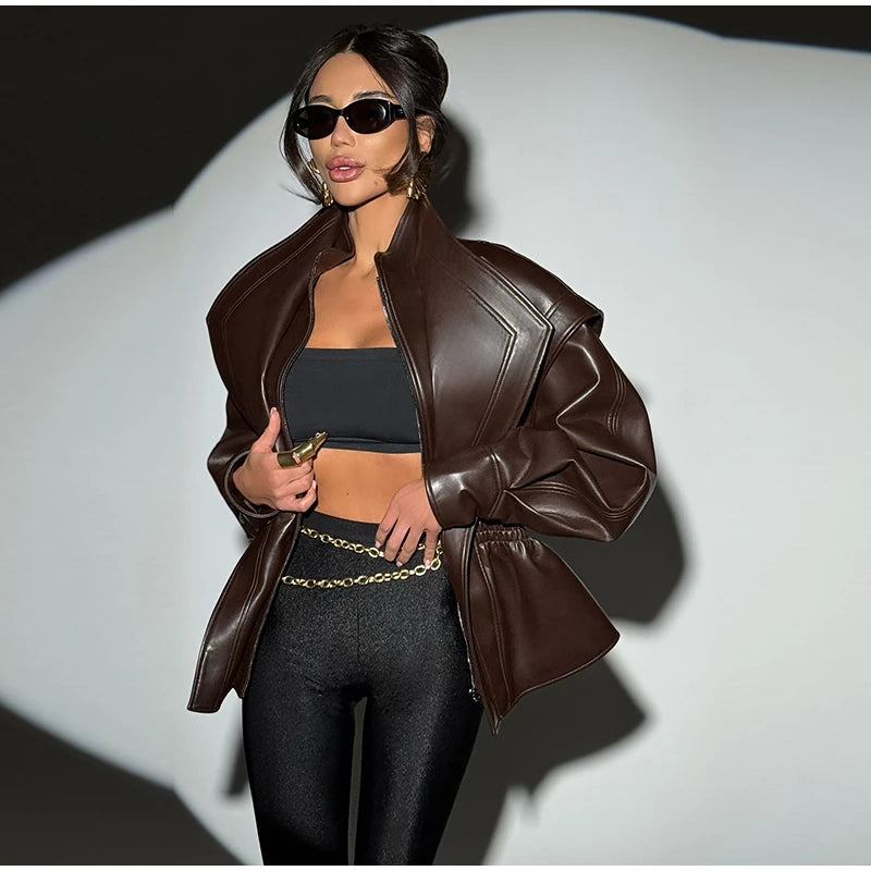 Faux Leather Jacket Women Turn-down Collar Zipper Front Puffy Sleeves Stylish Waist Cinching Coat 2025 Female Winter Outerwear